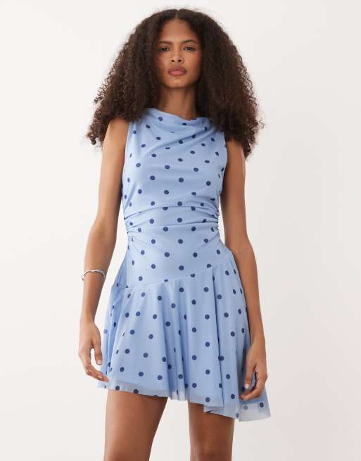 New Look - Vestito skater corto in rete azzurro a pois, 2 di 4