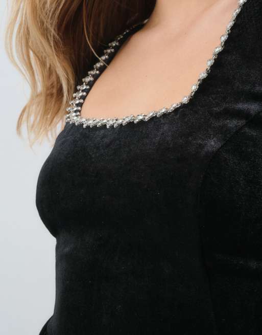 New Look vestito skater corto in velluto con strass nero, 5 di 5