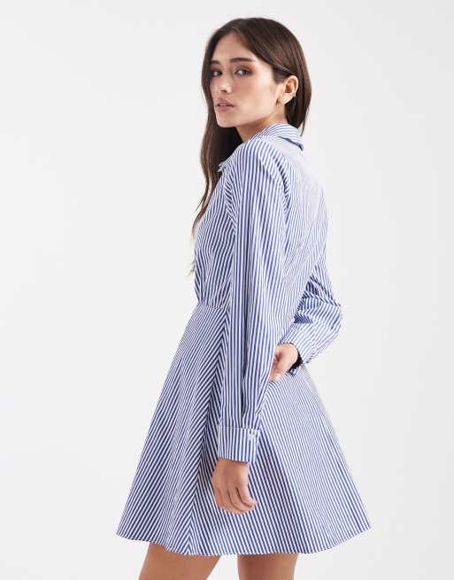 New Look - Vestito skater corto stile camicia blu a righe, 3 di 4