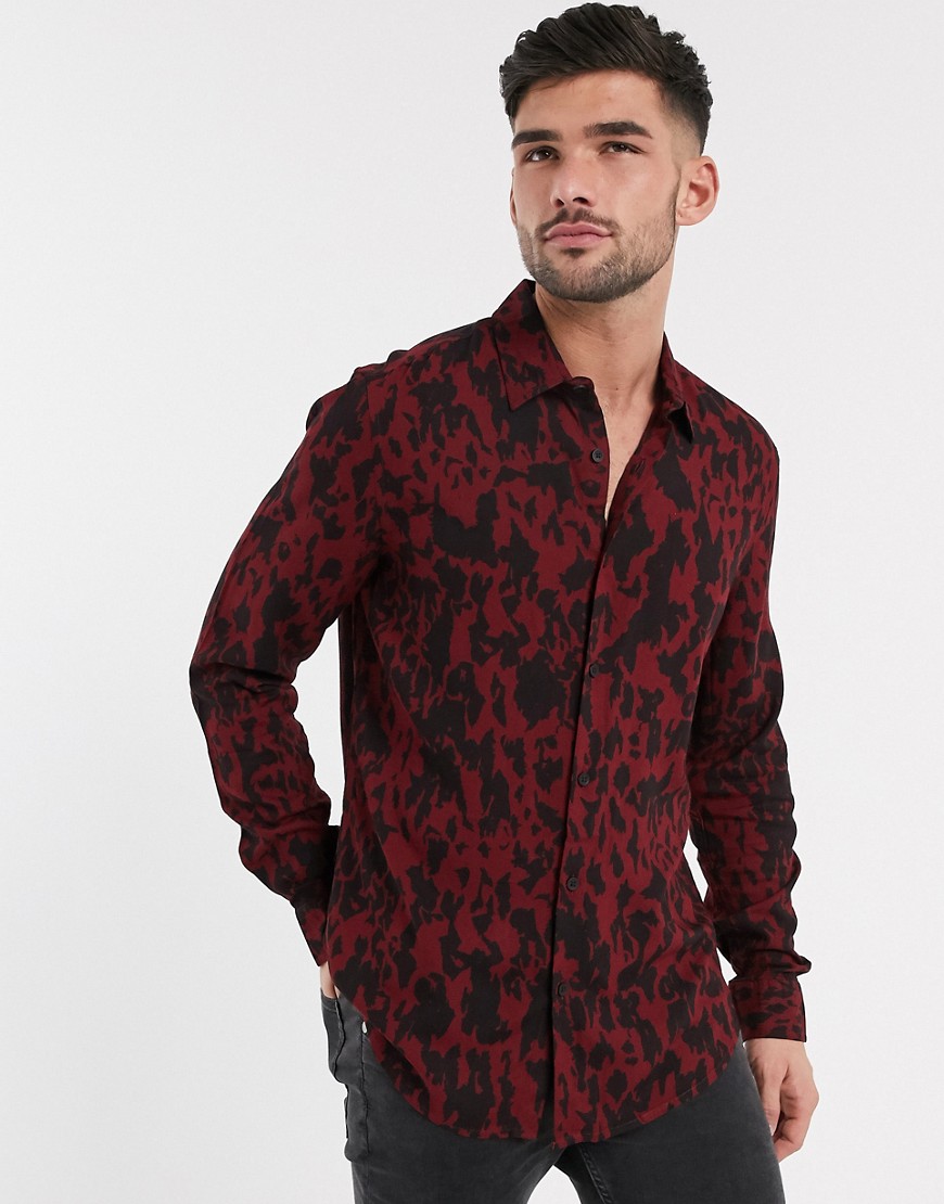 New Look – Vinröd, långärmad skjorta med leopardmönster