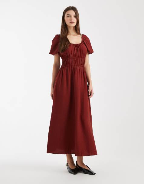 New Look – Vinröd midiklänning i milkmaid-modell - view 1