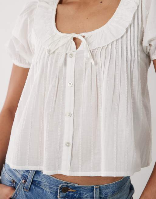 New Look – Vit, dobbyvävd blus med knytning framtill, 3 av 4