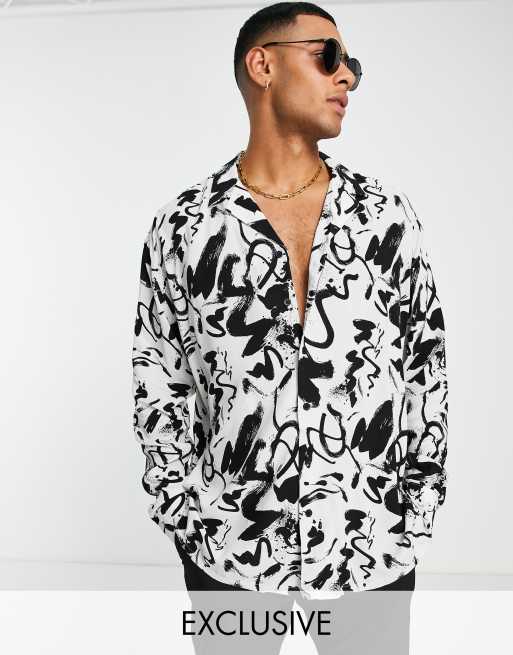New Look – Vit långärmad oversized skjorta med färgfläckar