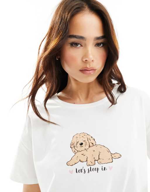 New Look – Vit och grå pyjamas med byxor och "Let's Sleep In"-design, 2 av 4