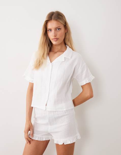 New Look – Vit pyjamas i dubbelvävt tyg med kortärmad skjorta och shorts - view 1