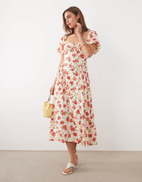 New Look – Vit, rosmönstrad midiklänning i milkmaid-modell - view 1