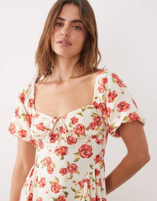 New Look – Vit, rosmönstrad midiklänning i milkmaid-modell, 2 av 4