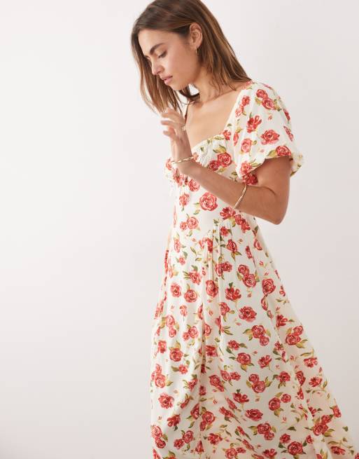 New Look – Vit, rosmönstrad midiklänning i milkmaid-modell, 3 av 4