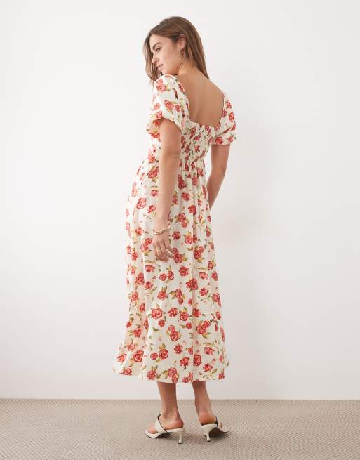 New Look – Vit, rosmönstrad midiklänning i milkmaid-modell, 4 av 4