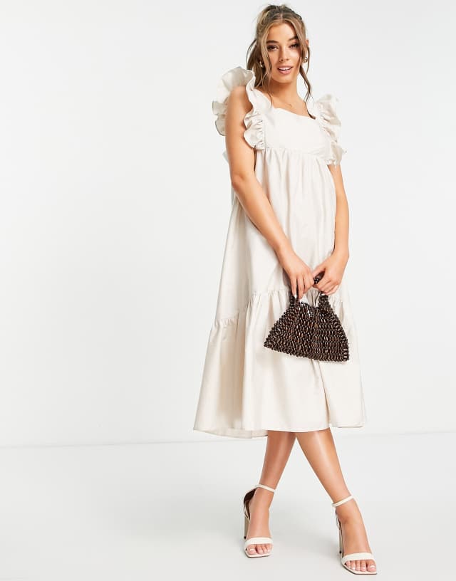 New Look volume frill sleeve smock midi dress in stone