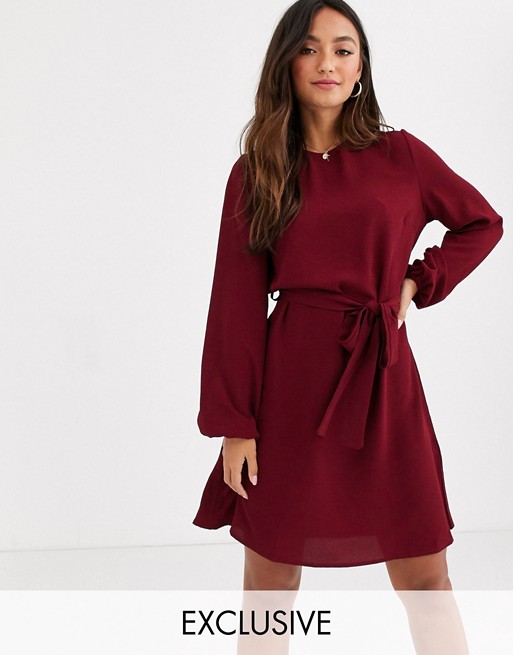 New Look volume sleeve belted mini dress in burgundy