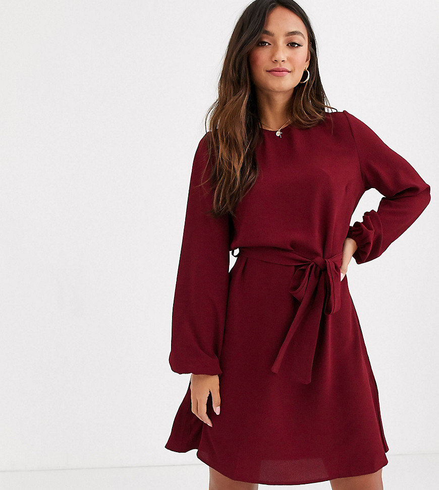 New Look volume sleeve belted mini dress in burgundy-Red
