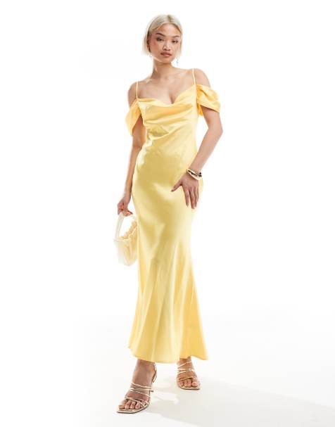 New Look – Wadenlanges Kleid aus Satin in Gelb mit Carmen-Ausschnitt - view 1