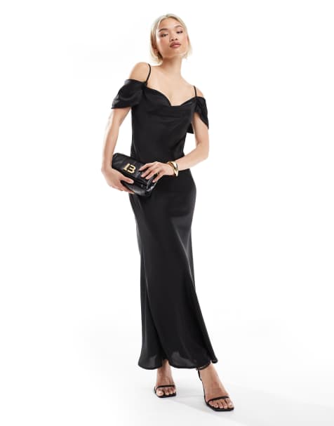 New Look – Wadenlanges Kleid aus Satin in Schwarz mit Carmen-Ausschnitt - view 1