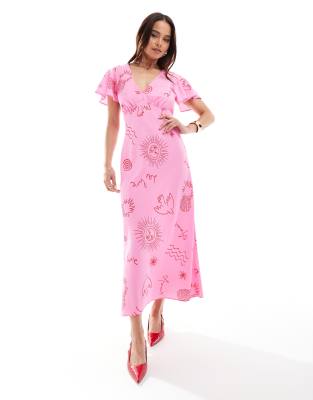 New Look - Wadenlanges Kleid mit V-Ausschnitt und rosa Muster