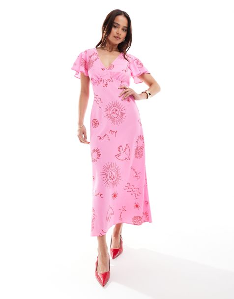New Look – Wadenlanges Kleid mit V-Ausschnitt und rosa Muster - view 1