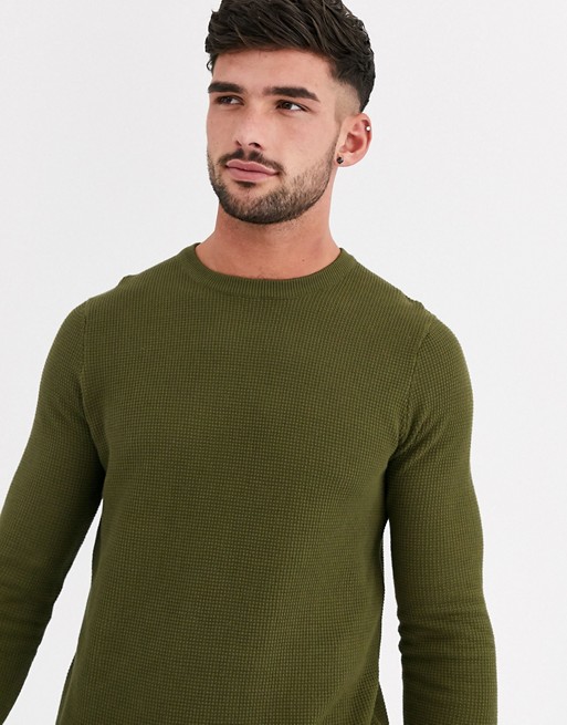 New Look waffle crew neck jumper in green