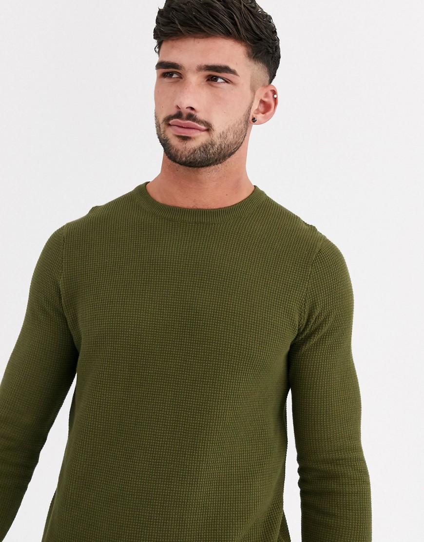 New Look Basic Crew Neck Sweater In Dark Khaki-green