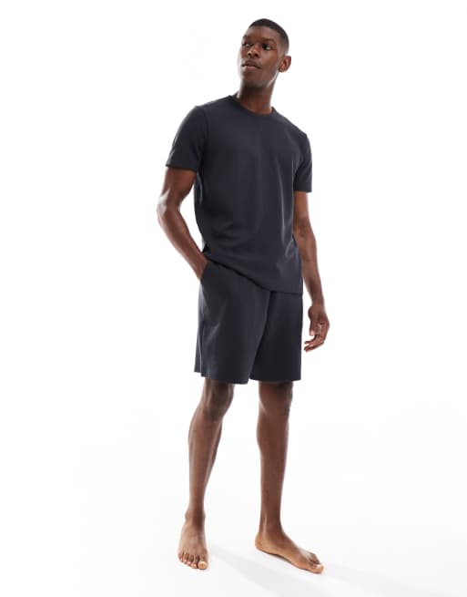 New Look waffle pajama T-shirt & shorts set in dark gray