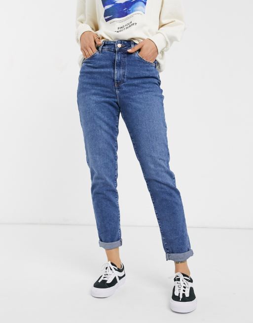 New Look waist enhance mom jean in mid blue | ASOS