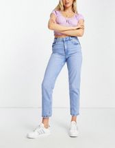 Stradivarius Petite cotton slim mom jeans with stretch in blue - MBLUE -  ShopStyle