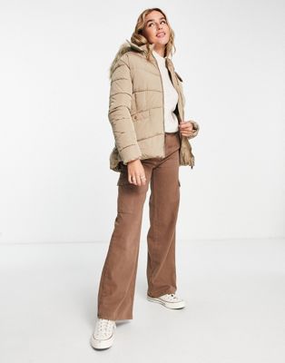New Look waisted puffer coat with faux fur hood in camel