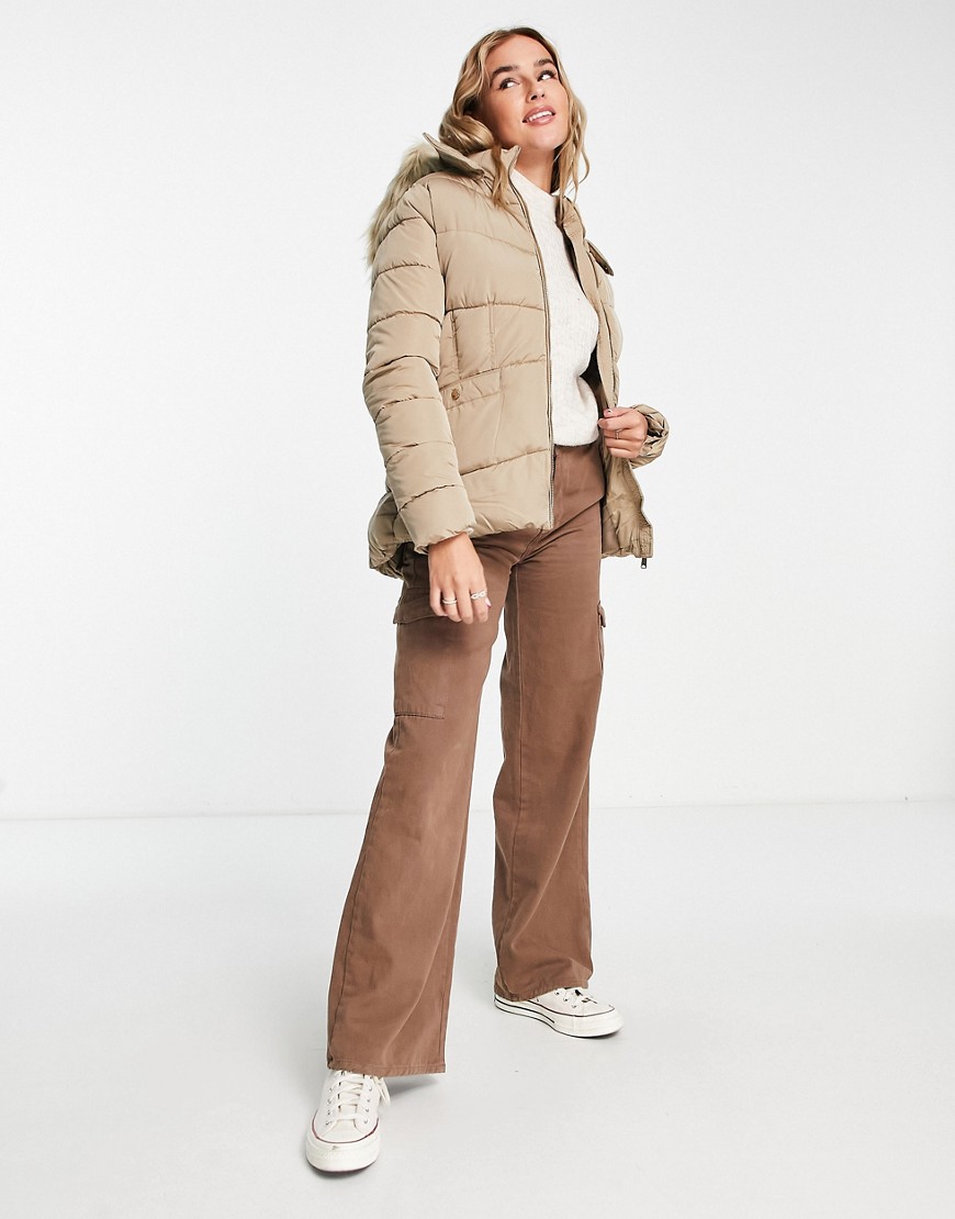 New Look waisted puffer coat with faux fur hood in camel-Brown