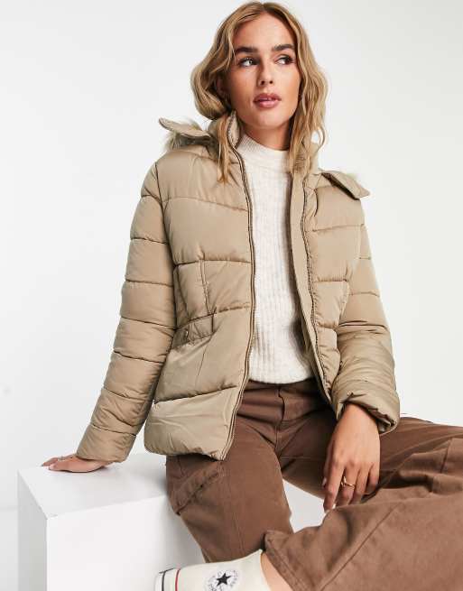 Khaki puffer jacket with faux store fur hood