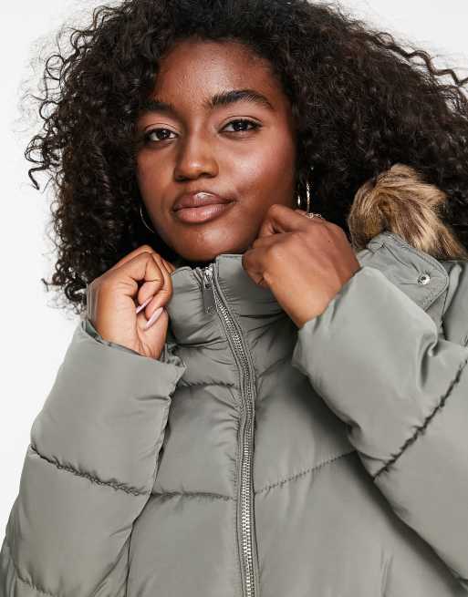 Khaki coat store with fur hood