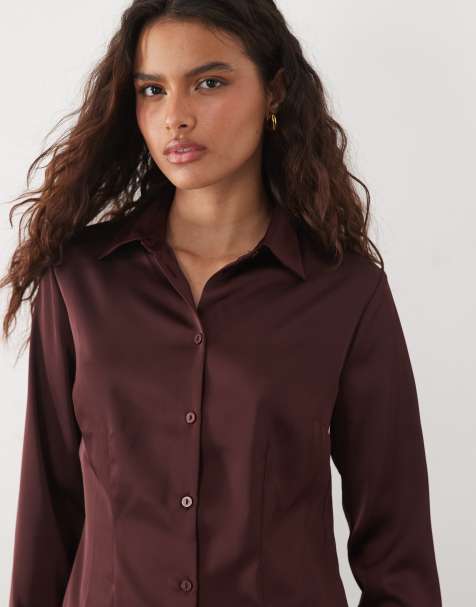 New Look waisted satin shirt in dark brown - view 1