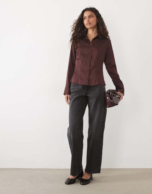 New Look waisted satin shirt in dark brown, 2 of 4