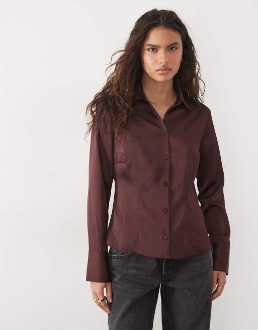 New Look waisted satin shirt in dark brown, 3 of 4