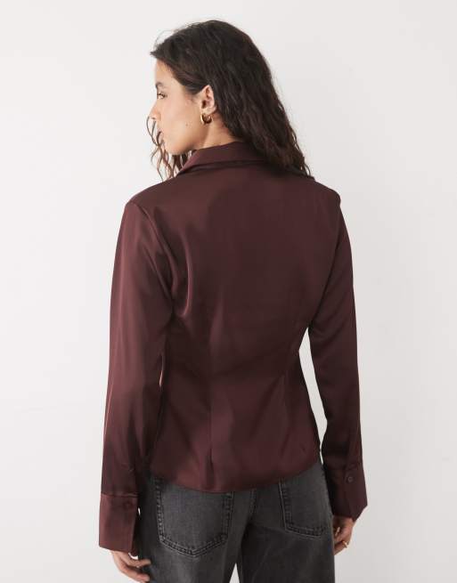 New Look waisted satin shirt in dark brown, 4 of 4