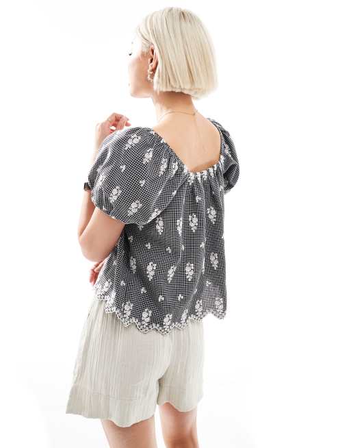 New Look – Warstwowy top milkmaid w czarną kratkę vichy, 3 z 4