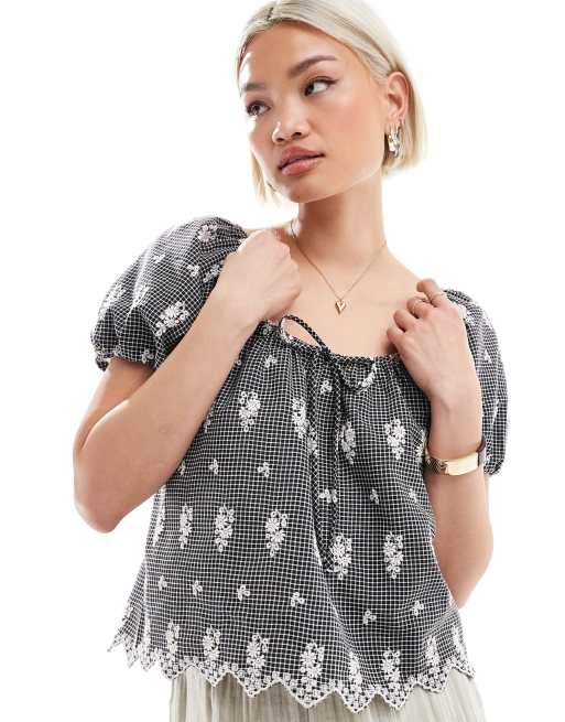 New Look – Warstwowy top milkmaid w czarną kratkę vichy, 4 z 4