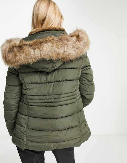 New Look – Wattierte Jacke mit Besatz aus Kunstpelz in Khaki, 2 von 4