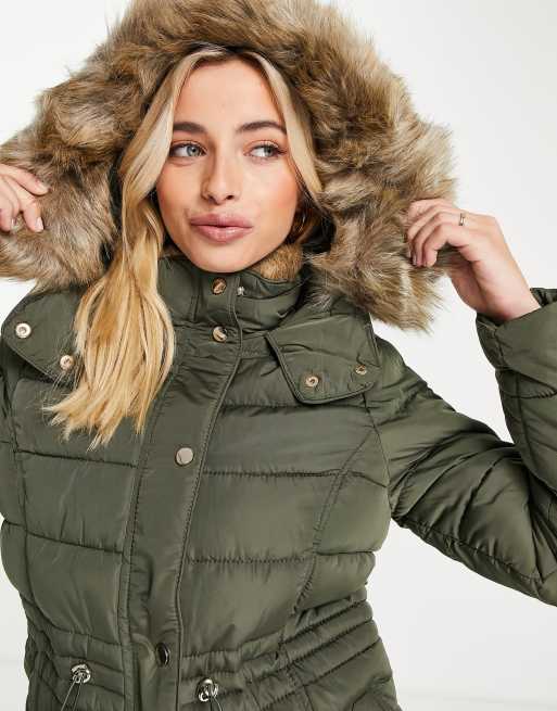 New Look – Wattierte Jacke mit Besatz aus Kunstpelz in Khaki, 3 von 4
