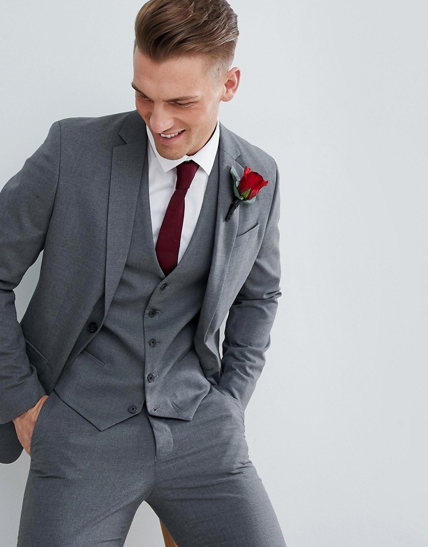 New Look wedding skinny fit suit jacket in mid grey-Black