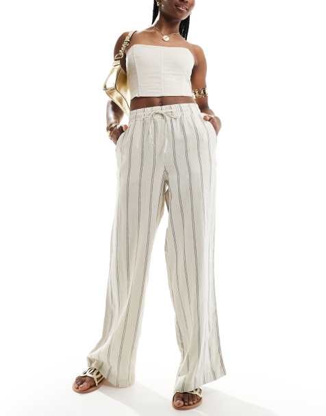 New Look – Weit geschnittene Leinenhose in Cremeweiß mit Streifen - view 1
