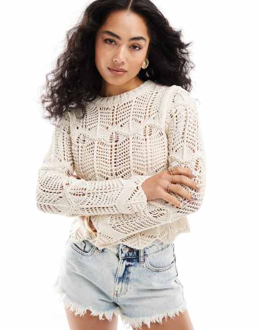 New Look – Weitmaschiger Pullover aus Grobstrick in Cremeweiß