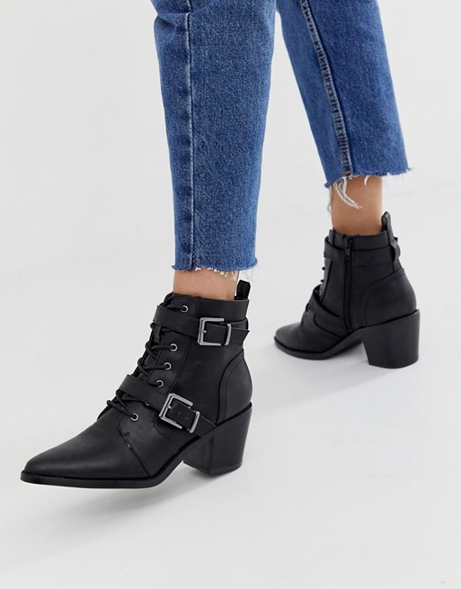 New Look western buckle heeled boot in black | ASOS