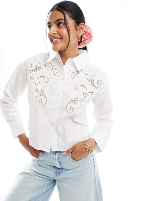 New Look western cutout cropped shirt in white