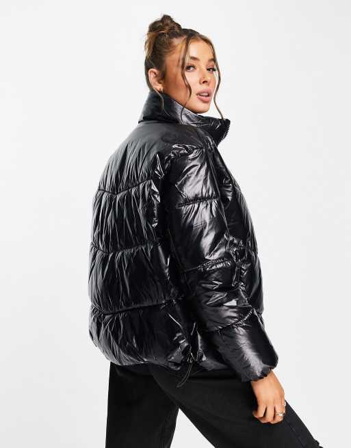 Black puffer shop jacket wet look