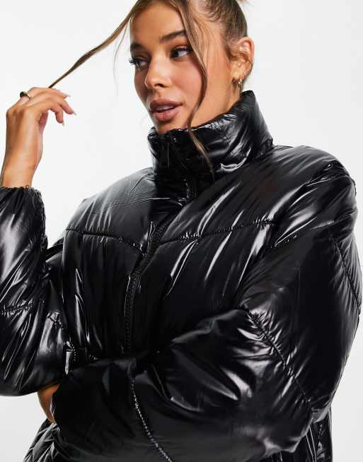 New Look wet look boxy puffer jacket in black