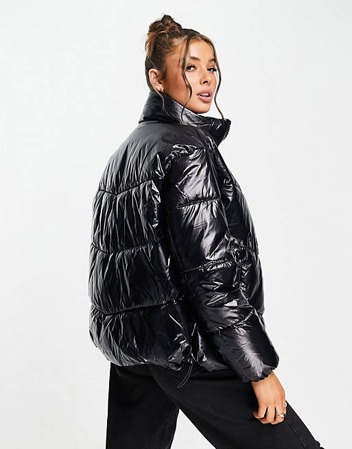  New Look wet look boxy puffer jacket in black 