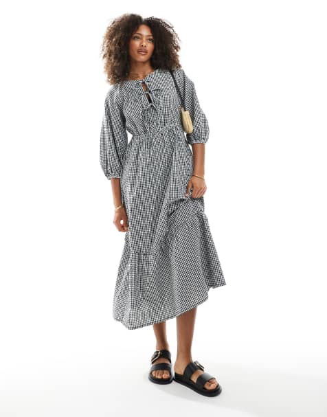 New Look tie front smock midi dress in black gingham