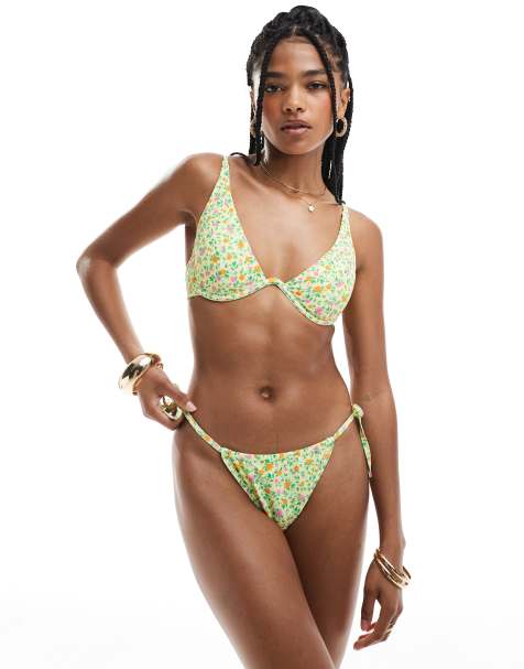 New Look ditsy floral tie side bikini bottoms in yellow