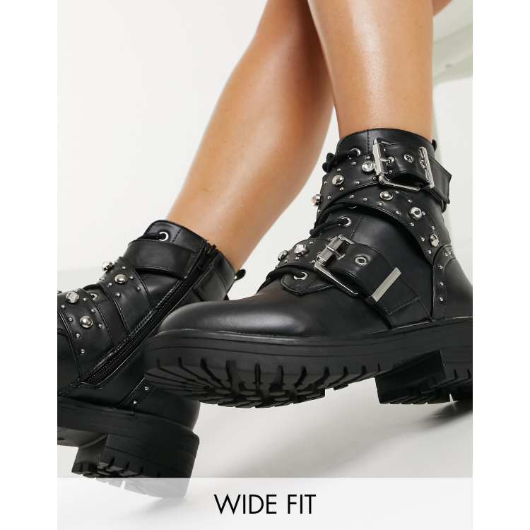 New Look Wide Fit Bottines avec boucles cloutees et strass Noir