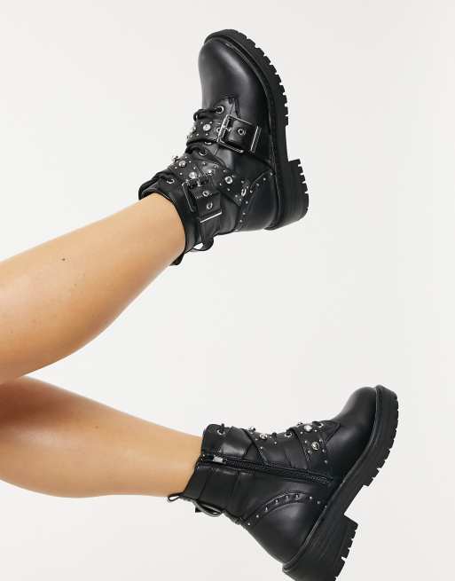 New Look Wide Fit Bottines avec boucles cloutees et strass Noir