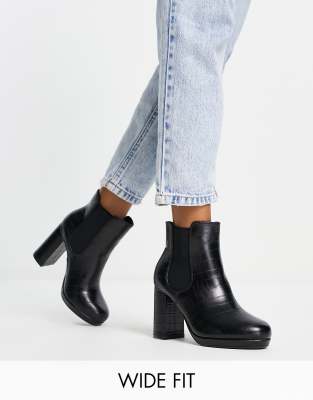 New Look Wide Fit - Bottines chelsea effet peau de serpent à talon - Noir | ASOS